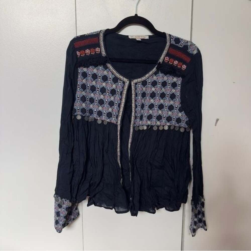Zara Boho Embroidered Blouse with Coin Detail | Black Sheer Folk Top